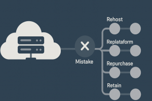 Flowchart graphic showing cloud infrastructure with migration strategy pitfalls and branching paths
