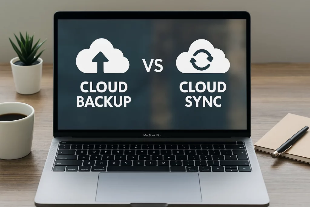 Laptop screen showing Cloud Backup vs Cloud Sync comparison