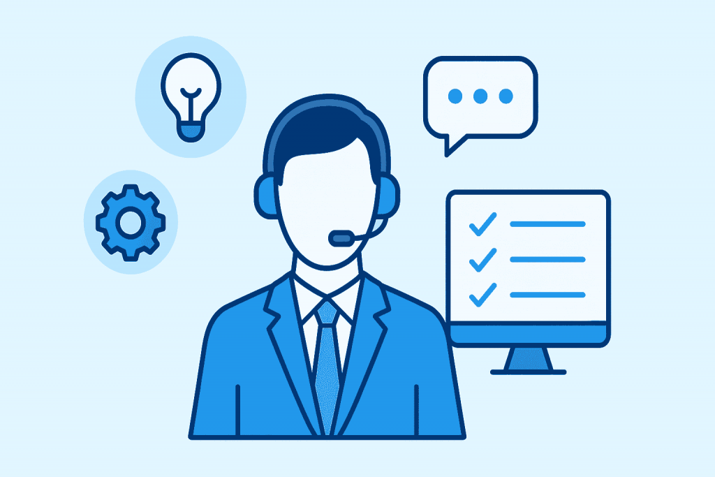 Service desk operator with headset and icons for communication, task management, and technical support