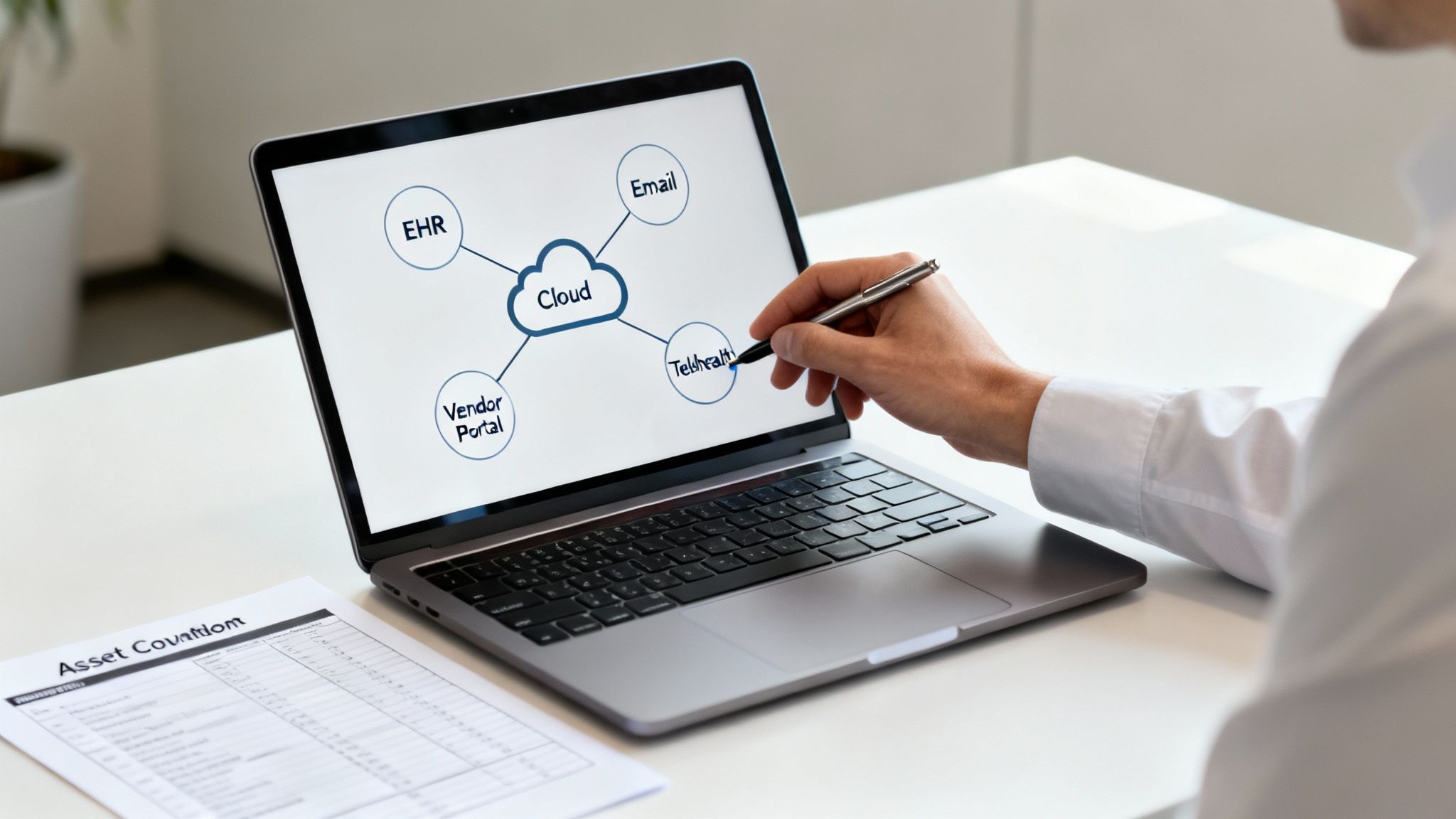A person points to a cloud computing diagram on a laptop screen showing connections to EHR, email, and telehealth.