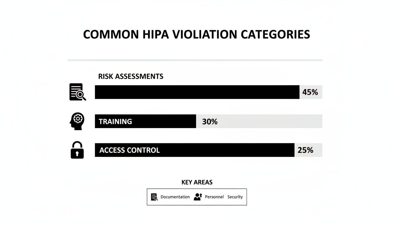 Bar chart showing common HIPAA violation categories: Risk Assessments (45%), Training (30%), and Access Control (25%).
