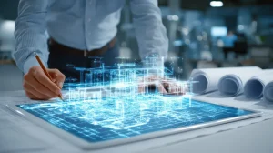 Architect working on a digital building model beside rolled plans