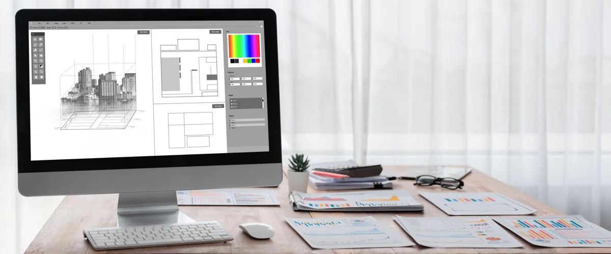Desktop workstation displaying architectural design software