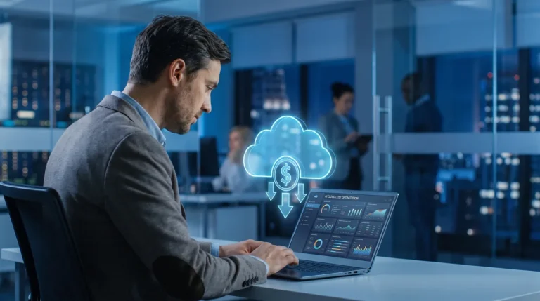 Cloud services specialist reviewing cloud usage on a laptop