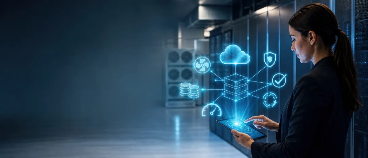 Specialist using a tablet beside server racks and cloud infrastructure graphics