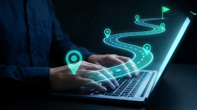 Digital roadmap illustration above a laptop keyboard