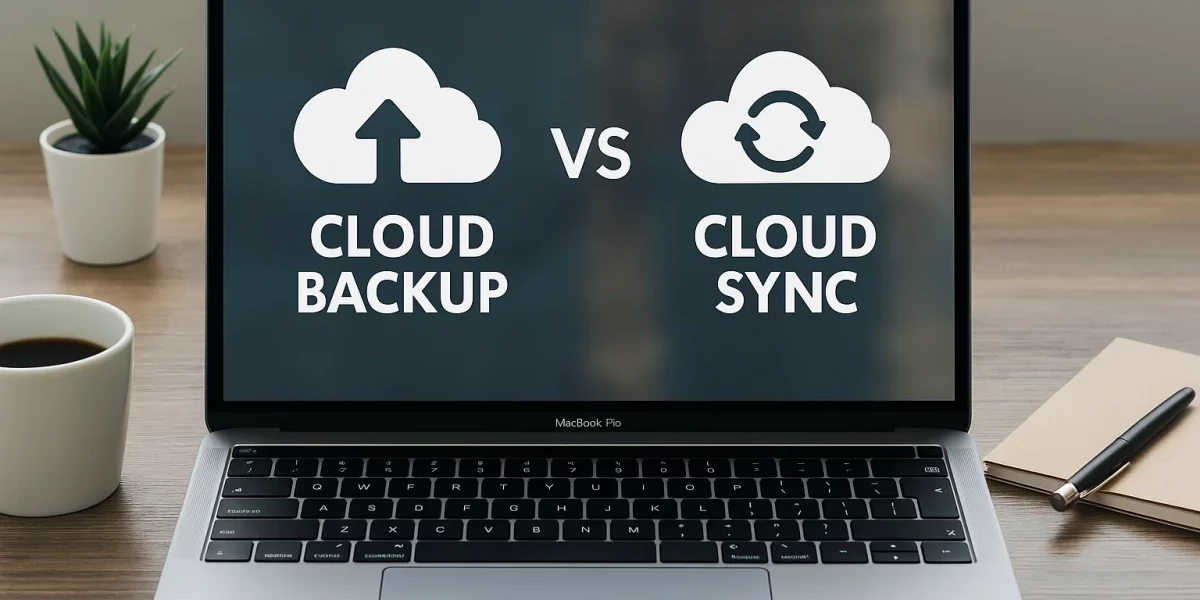 Laptop screen showing Cloud Backup vs Cloud Sync comparison