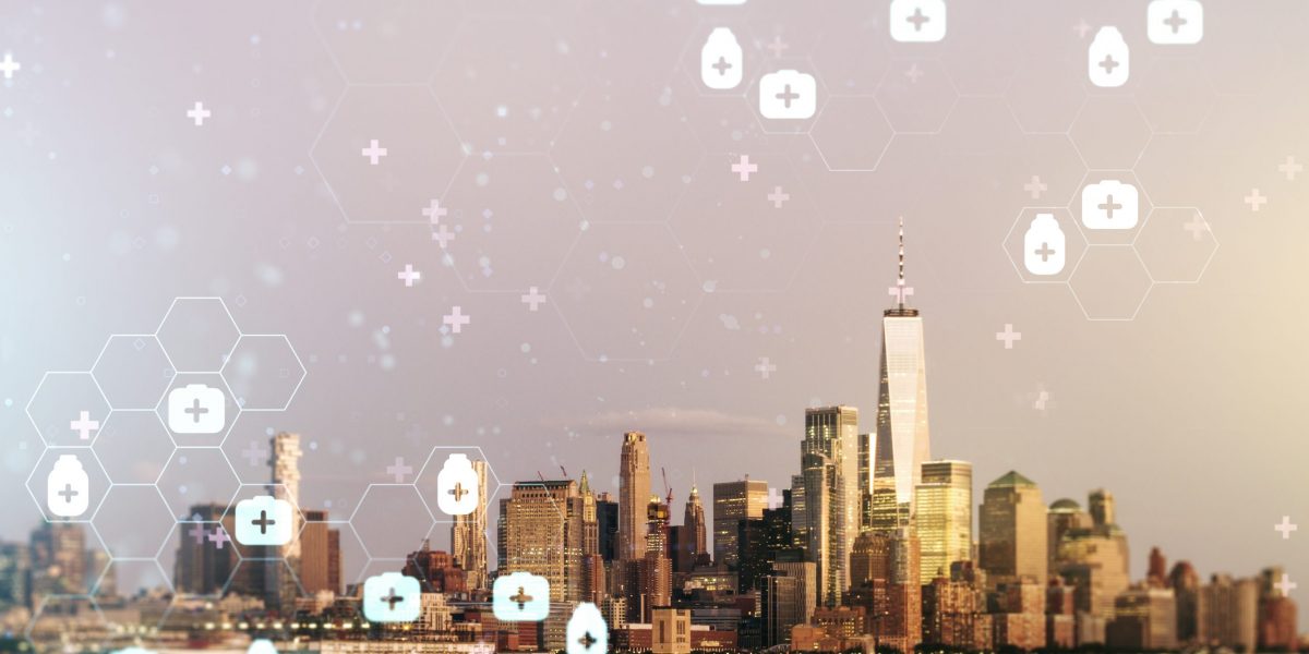 Abstract virtual medical hologram on New York cityscape background, online medical consulting concept. Multiexposure