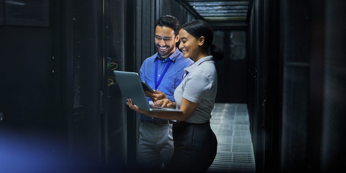 Server room, laptop and technician people for software management, system upgrade or cyber security. Teamwork, data center and engineer or programmer employees, information technology and programming