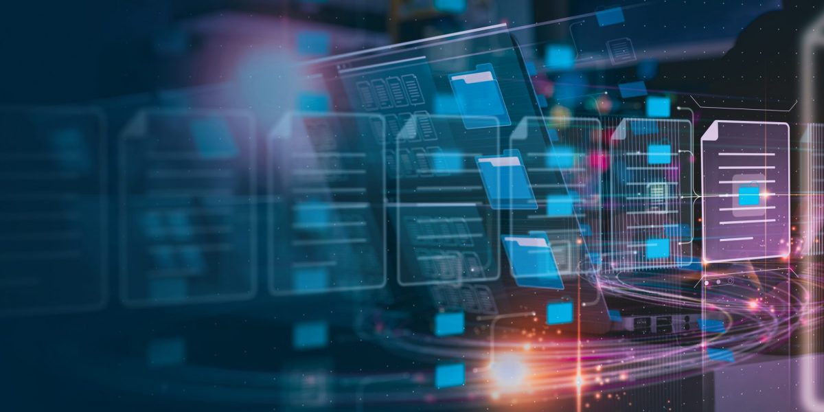 Document Management System or DMS setup by IT consultant with modern computer are searching managing information and corporate files.Business processing,Software for archiving concept.